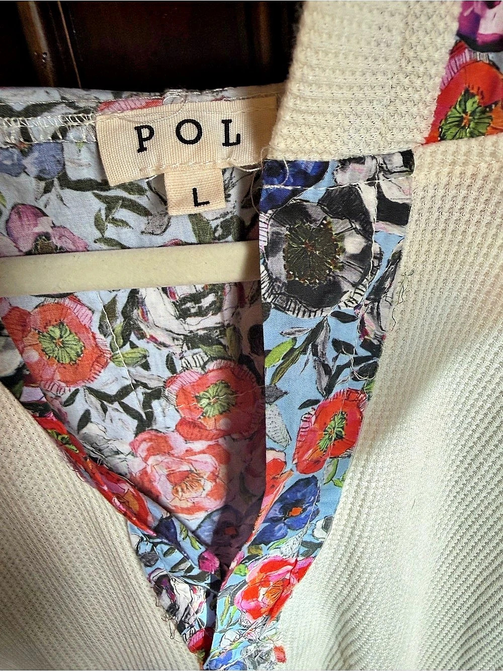 POL Floral Plaid Long Sleeve Top in Blue & Cream 45Size Large - Picture 3 of 7